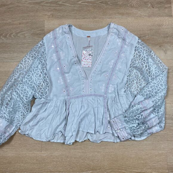 NWT Free People Boogie All Night Blouse Size L Color Blue - Picture 2 of 7